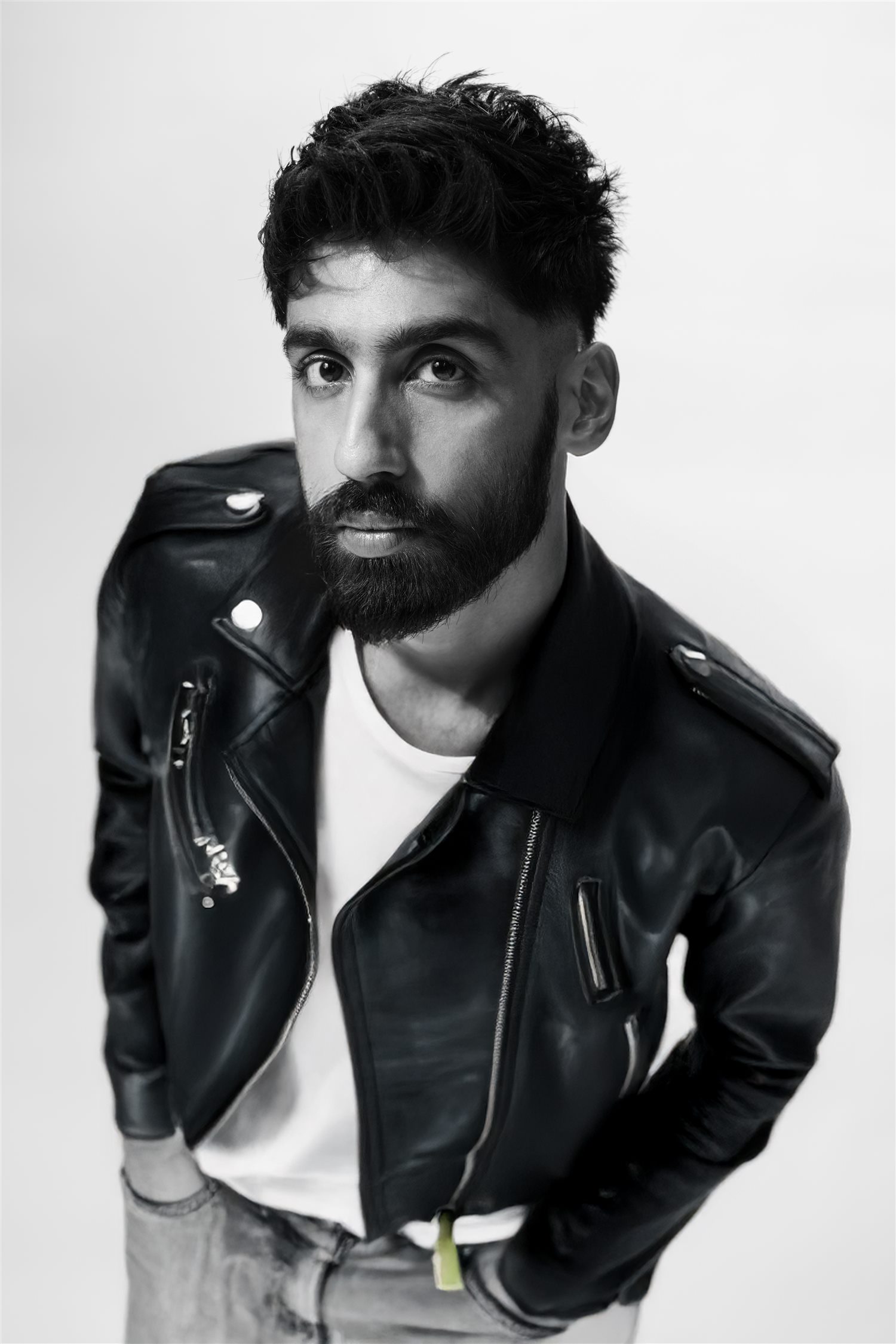 Saaki in a black leather jacket
